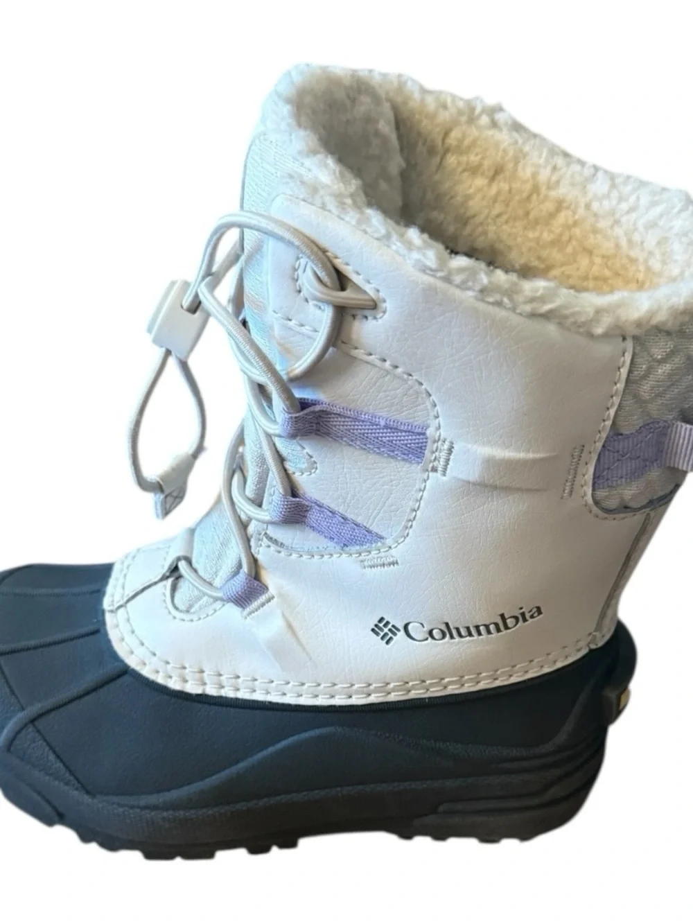 Columbia Kids White and Black Insulated Snow Boots with Lavender Accents